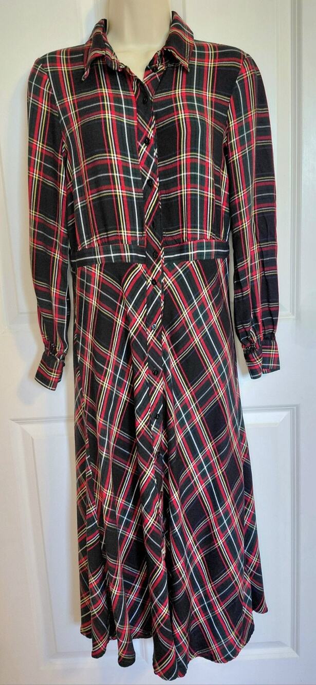 Black Plaid Tartan Midi Shirt Dress Size US 4 Long Sleeve Collared